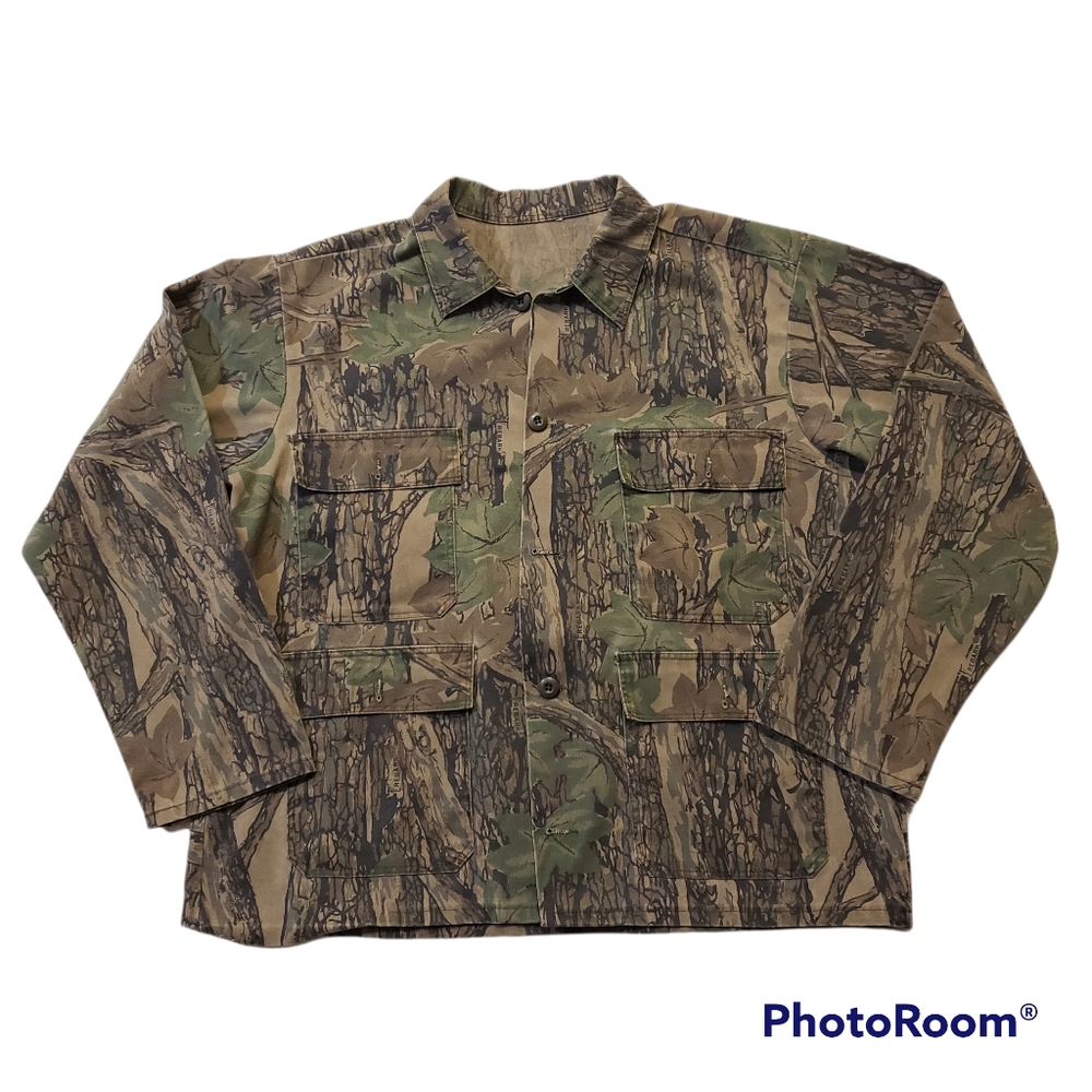Vintage Winchester Rebark Brown Green Leaf Camo Button Front Shirt Mens Large.